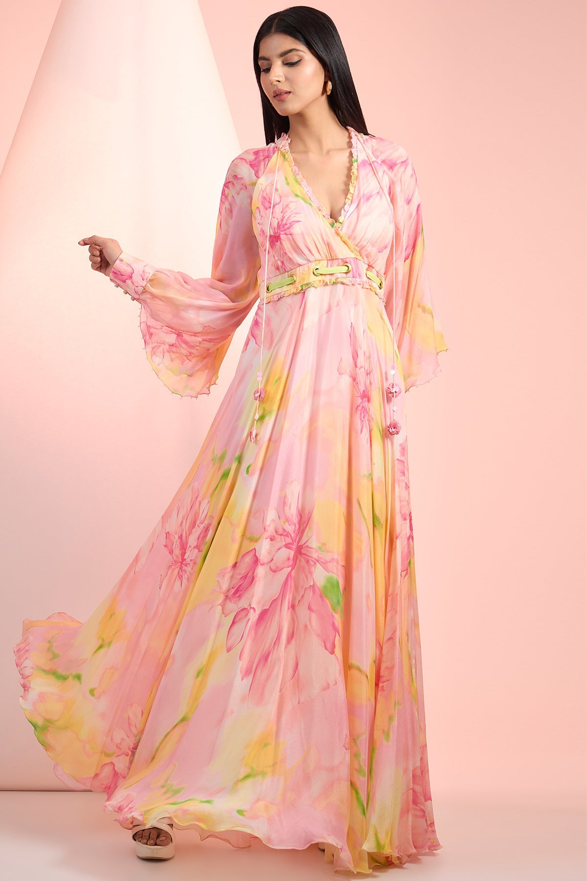 Buy Pink Chiffon Printed Maxi Dress by Mandira Wirk for Women online at ScrollnShops